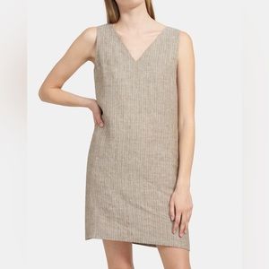 Theory V-Neck Shift Dress in Linen Neutral Multicolor Striped Sleeveless Dress